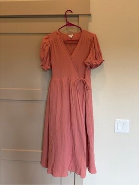 Wrap Midi Dress in Dusty Rose with Puff Sleeves
